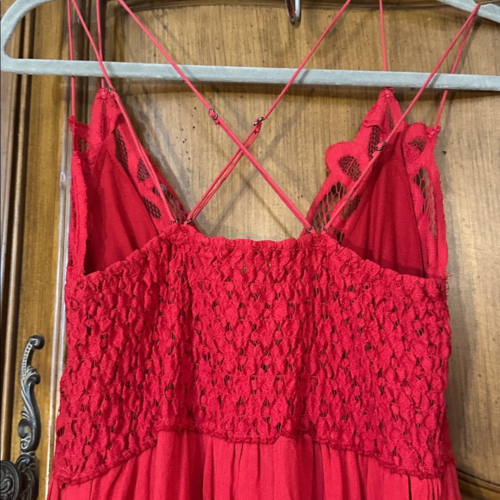 Free People Like New Adella Crochet Lace Ruffle Maxi Slip Full Length Red Dress - Picture 14 of 17